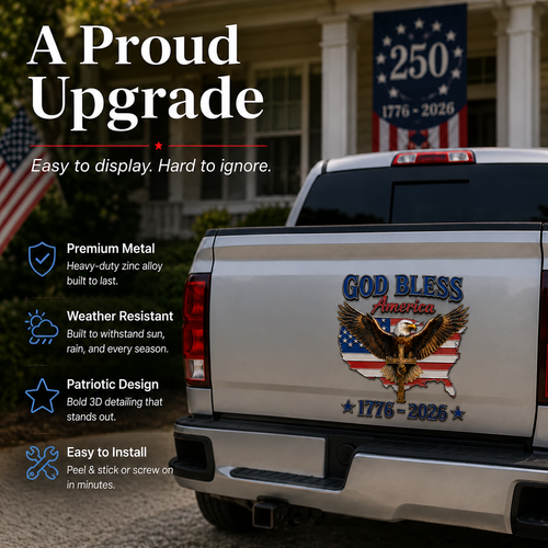 🇺🇸 God Bless America 1776–2026 Metal Car Emblem