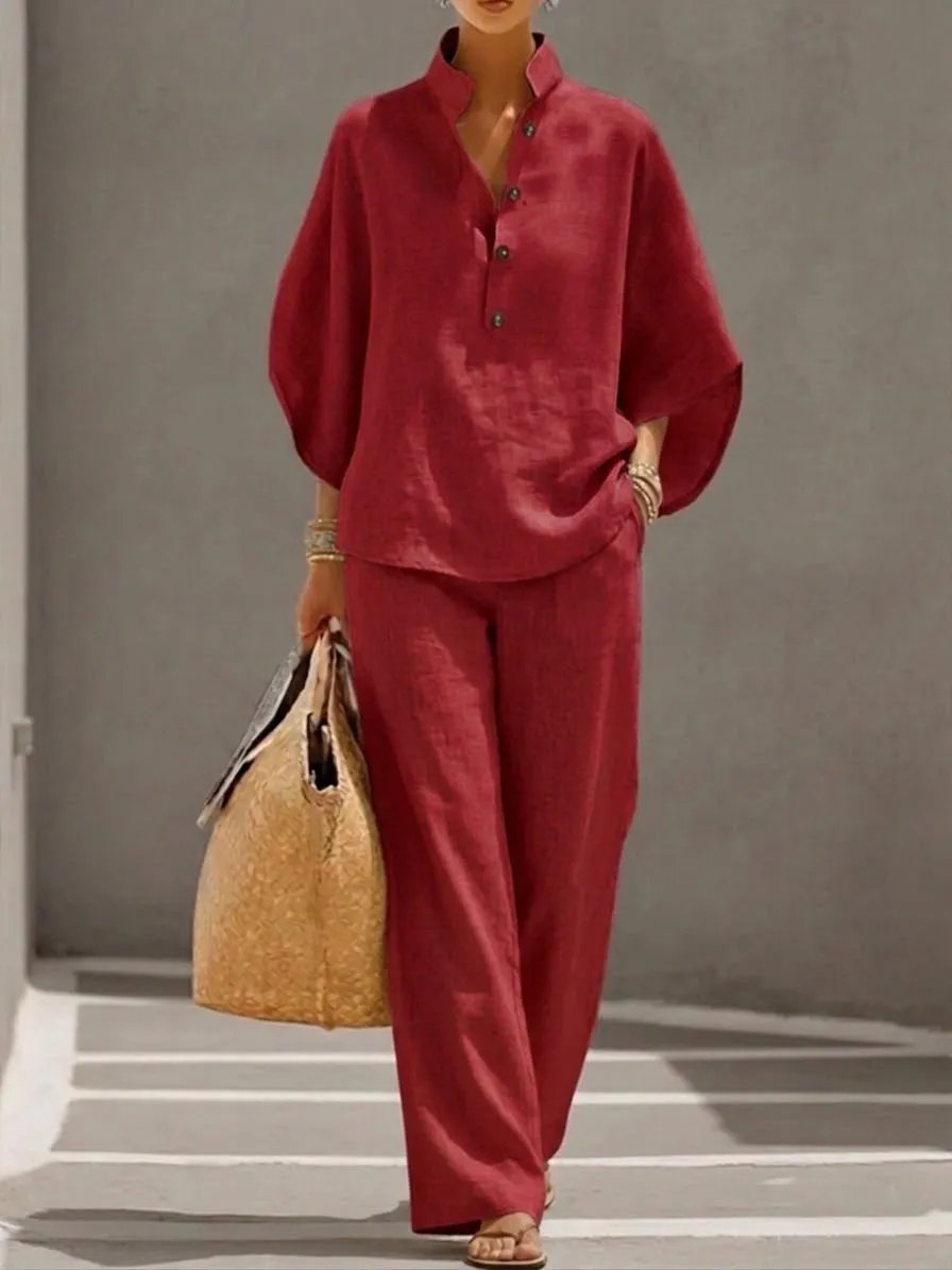 🔥 Free Shipping🔥Women's Batwing Sleeve Linen Cotton Two-Piece Set – Casual Shirt & Wide Leg Pants Outfit