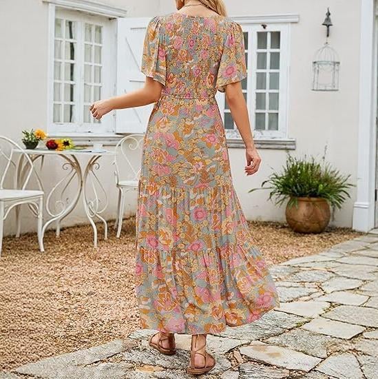 🔥LAST DAY 52% OFF - 💖Women's 2026 Summer Casual Floral Print Short Flutter Sleeve Crew Neck Smocked High Waist Flowy Maxi Dress