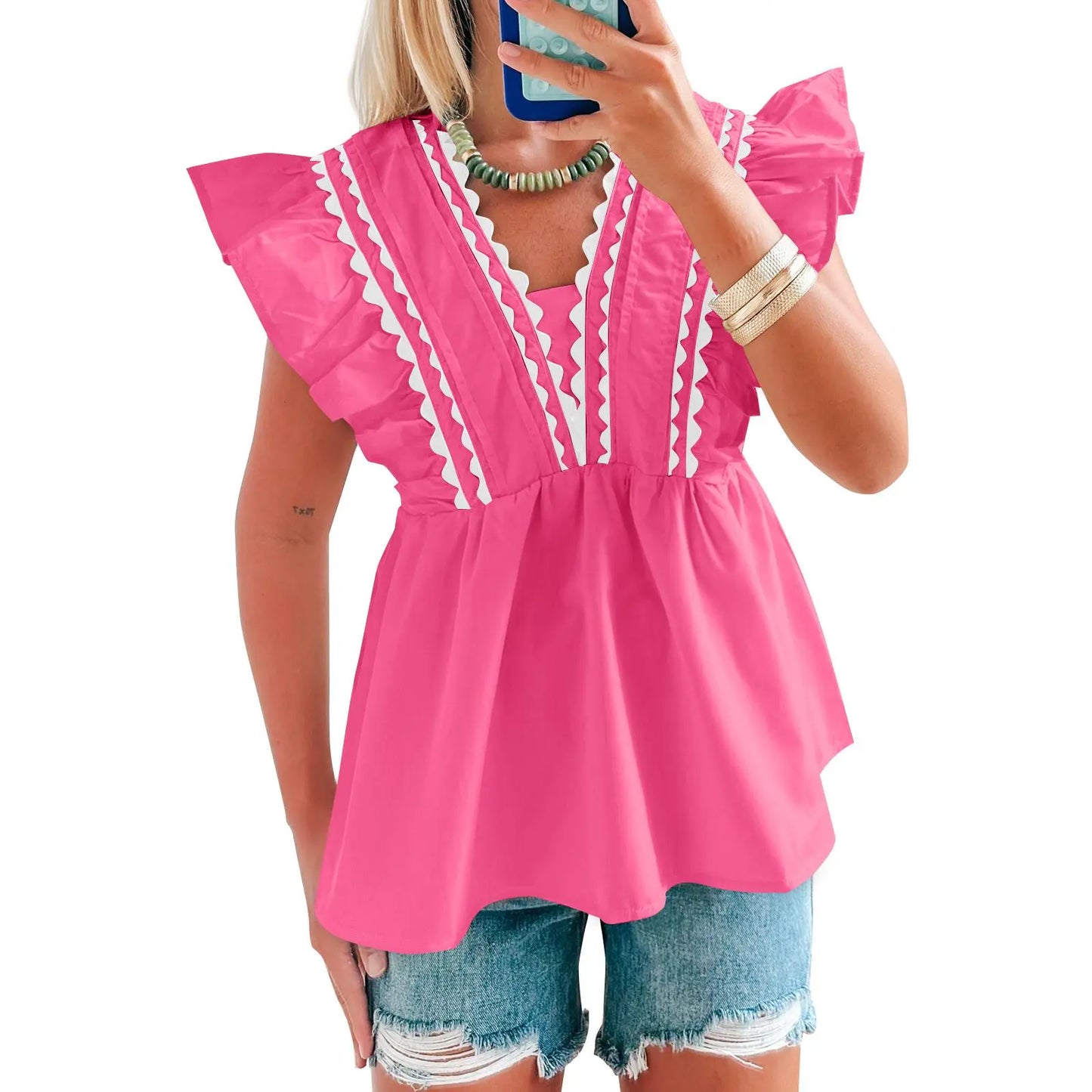 🔥2026 Hot Sale🌟Women's V-Neck Babydoll Blouse, Elegant Ruffle Short Sleeve Top with Scalloped Trim, Loose-Fitting Dressy Casual for Summer, Lady, Shirts