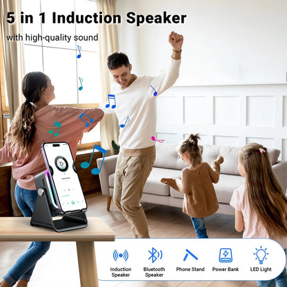 Wireless Induction Audio Speaker Stand, 5-in-1 Phone Stand, 3500mAh Rechargeable Emergency Power , 360° Adjustable Phone