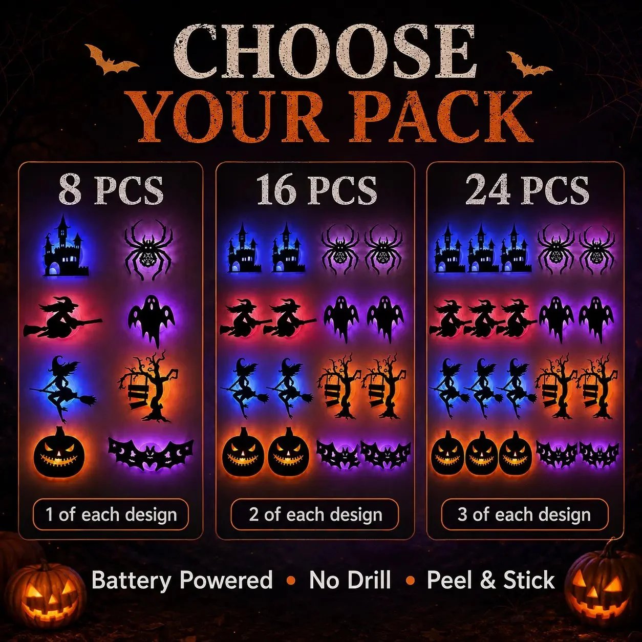 🔥50% OFF - 🎃8 Pack Halloween LED Silhouette Wall Light Stickers, Battery Powered Peel & Stick Decor Lights