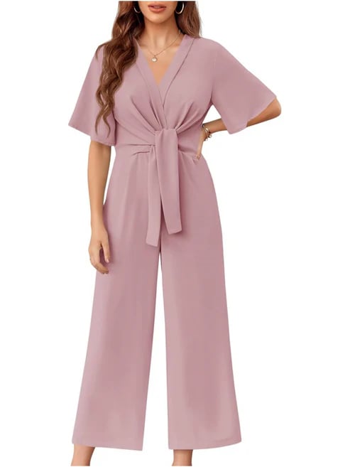 ⏰Hot Sale-Womens Short Sleeve Tie Knot Front Wide Leg Jumpsuits