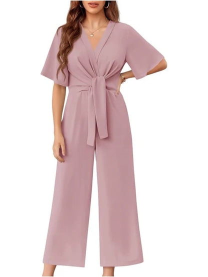 ⏰Hot Sale-Womens Short Sleeve Tie Knot Front Wide Leg Jumpsuits