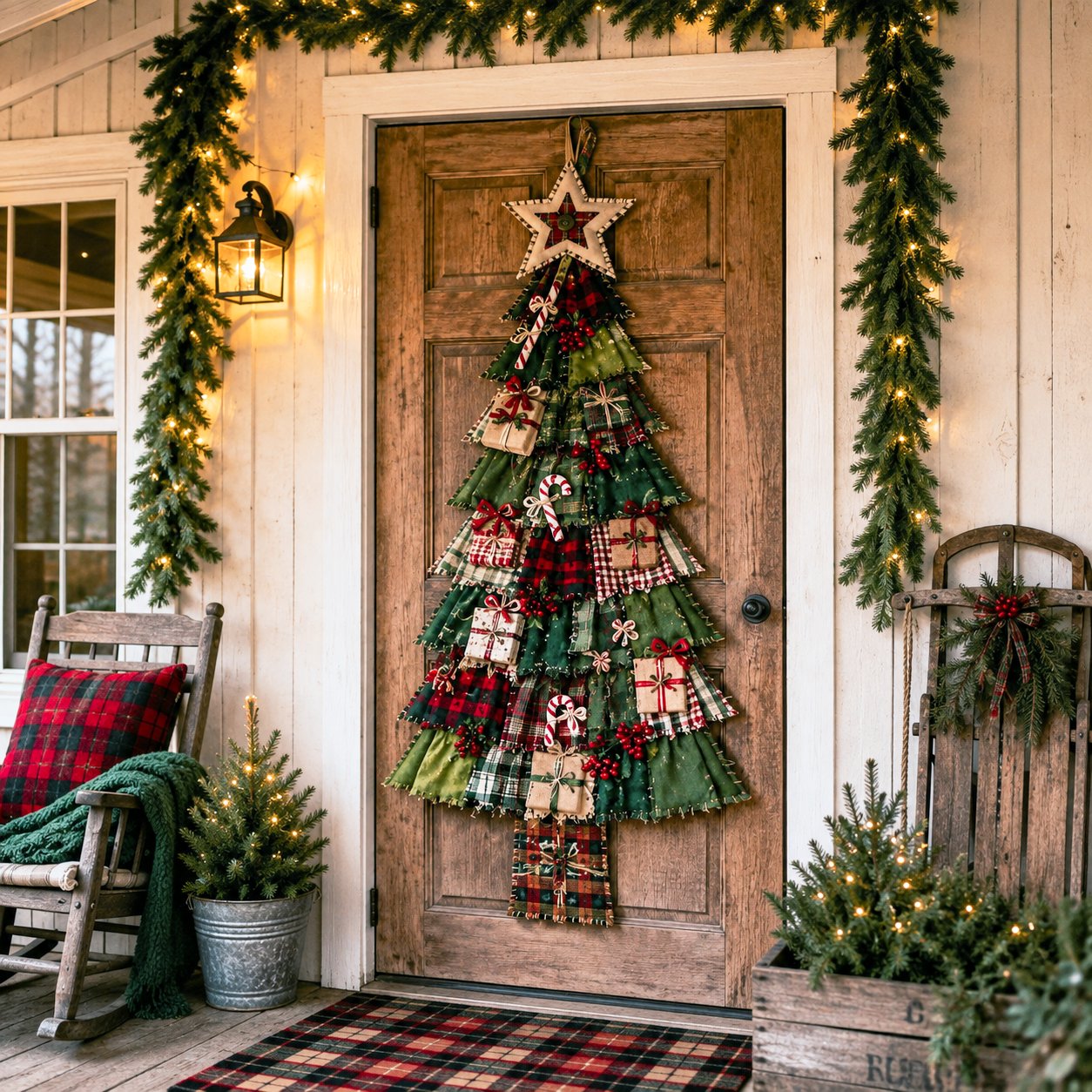 Finished oversized patchwork Christmas tree displayed on a front door