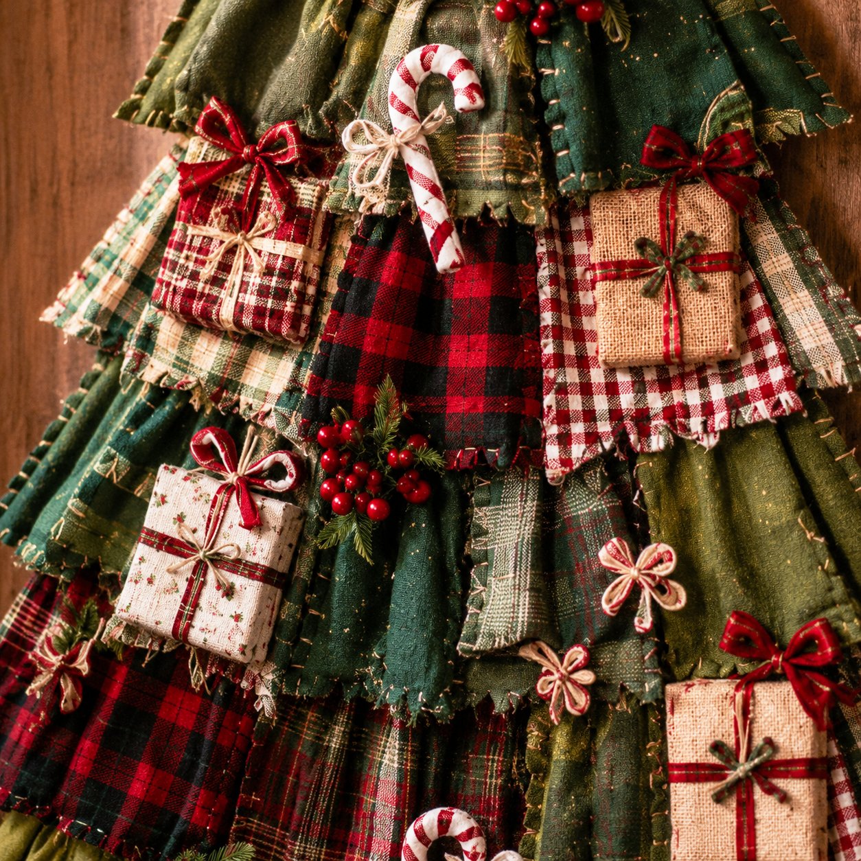 Close view of hand stitched patchwork tree details