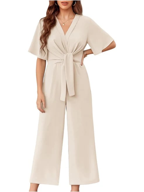 ⏰Hot Sale-Womens Short Sleeve Tie Knot Front Wide Leg Jumpsuits