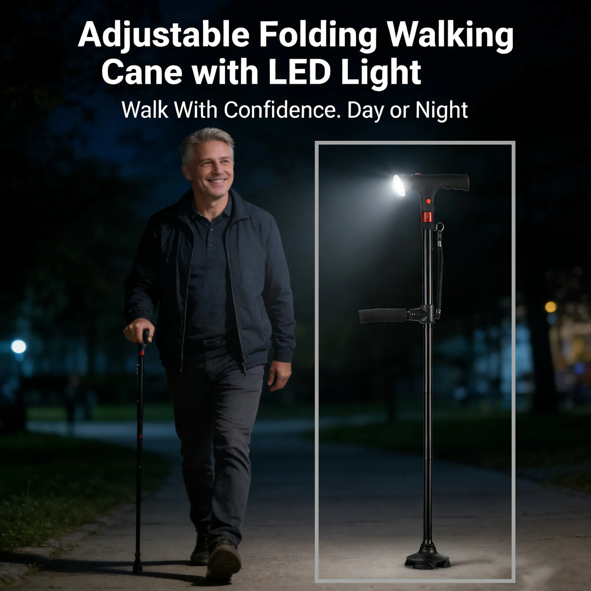 Adjustable smart folding cane with LED light 🦯💡