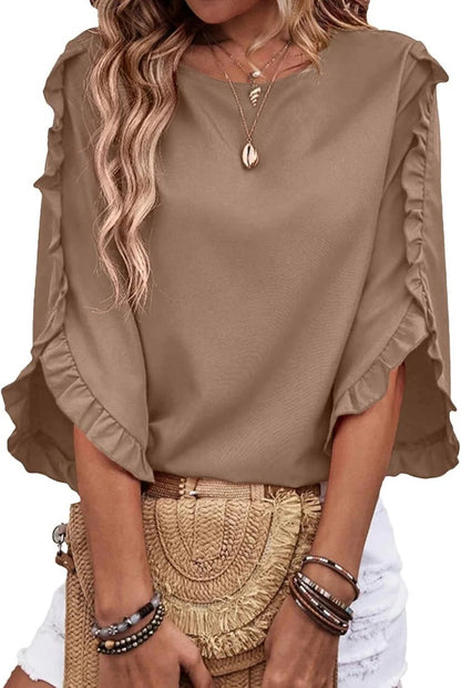 Women's 3/4 Length Sleeve Blouses Crewneck Ruffle Sleeve Shirts