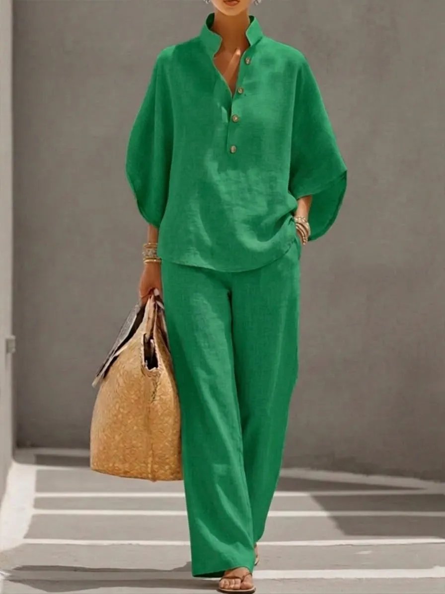 🔥 Free Shipping🔥Women's Batwing Sleeve Linen Cotton Two-Piece Set – Casual Shirt & Wide Leg Pants Outfit