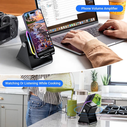 Wireless Induction Audio Speaker Stand, 5-in-1 Phone Stand, 3500mAh Rechargeable Emergency Power , 360° Adjustable Phone