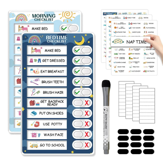 🧒👧2-in-1 Kids Magnetic Routine Chart Set (22 Pieces) | Bedtime & Morning Visual Schedule for Toddlers