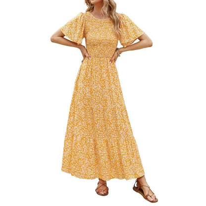🔥LAST DAY 52% OFF - 💖Women's 2026 Summer Casual Floral Print Short Flutter Sleeve Crew Neck Smocked High Waist Flowy Maxi Dress