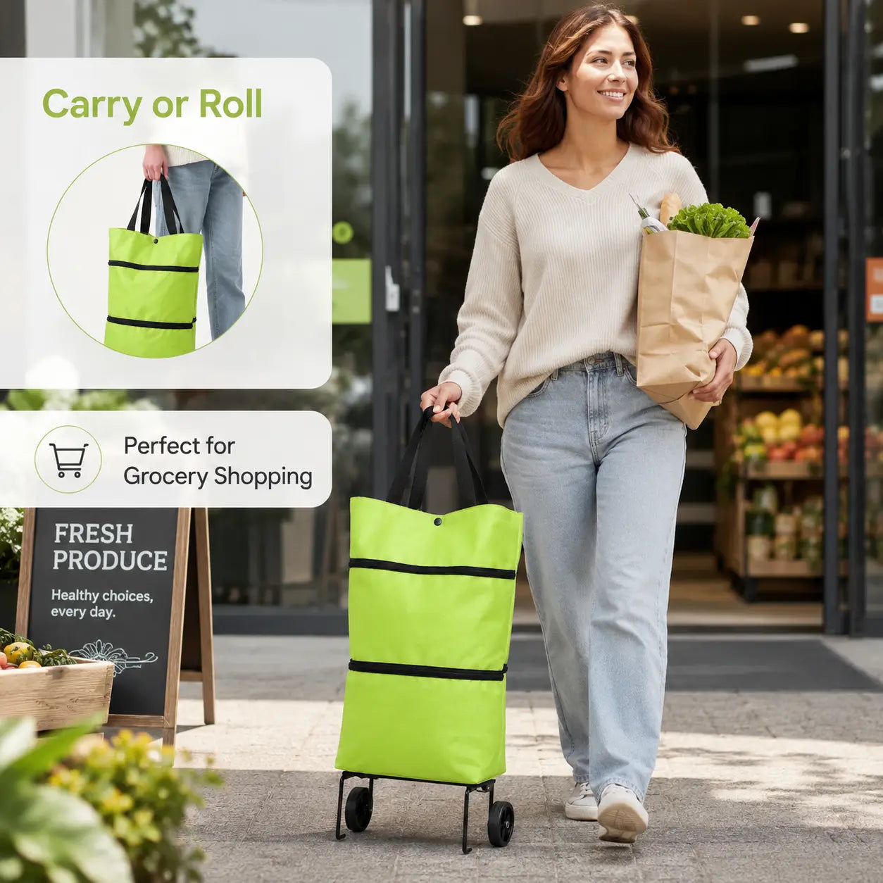 【10inch*18inch】Foldable Shopping Trolley Bag with Wheels, Portable Reusable Grocery Tote, Lightweight Rolling Shopping Cart Bag with Carry Handles for Supermarket, Travel, Laundry and Daily Use