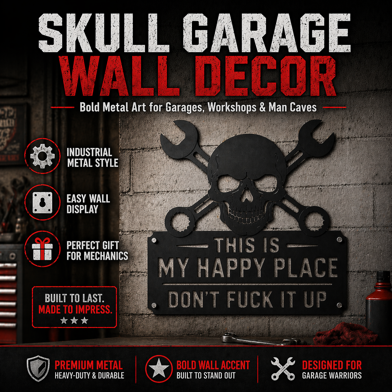 💀🔧"This Is My Happy Place" Metal Wall Art Sign