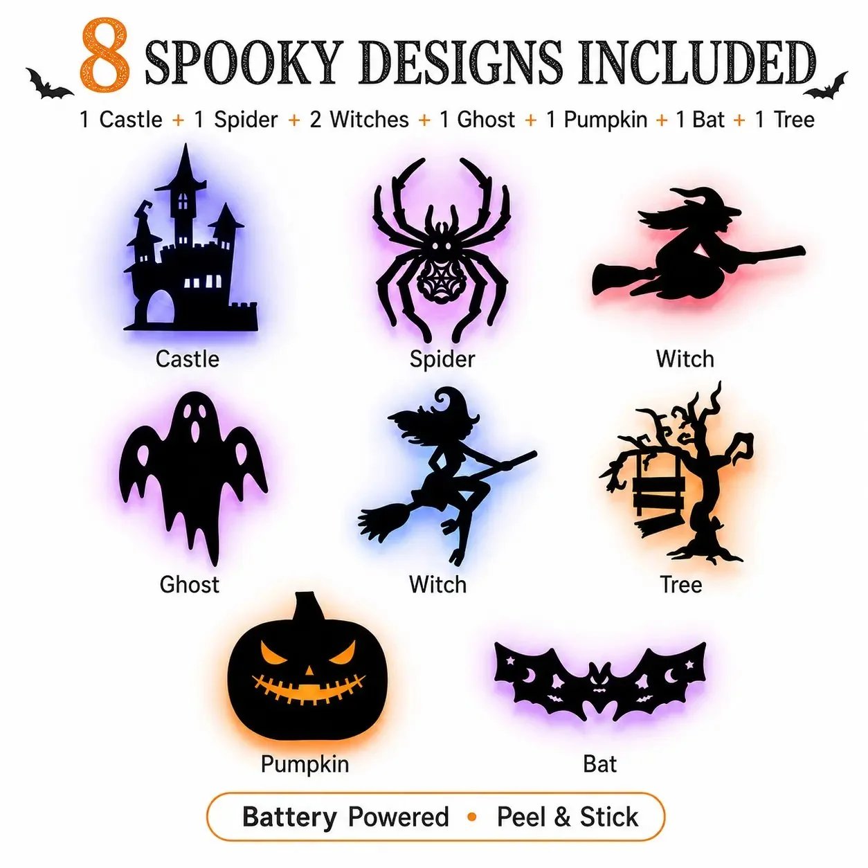 🔥50% OFF - 🎃8 Pack Halloween LED Silhouette Wall Light Stickers, Battery Powered Peel & Stick Decor Lights