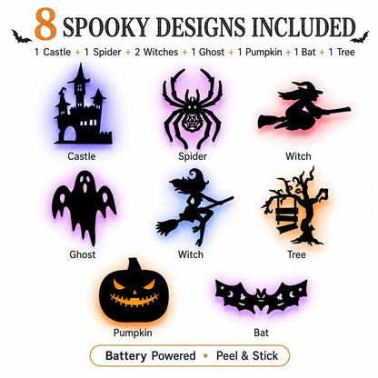 🔥50% OFF - 🎃8 Pack Halloween LED Silhouette Wall Light Stickers, Battery Powered Peel & Stick Decor Lights