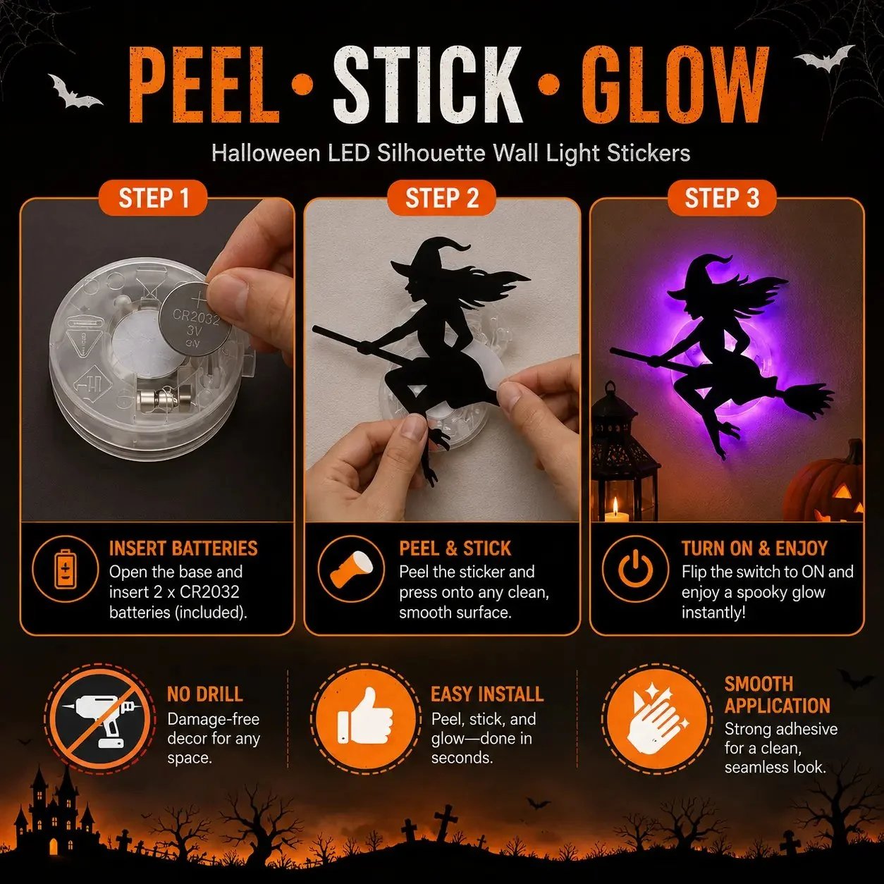 🔥50% OFF - 🎃8 Pack Halloween LED Silhouette Wall Light Stickers, Battery Powered Peel & Stick Decor Lights