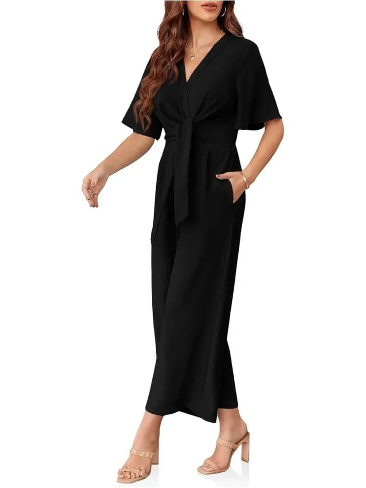 ⏰Hot Sale-Womens Short Sleeve Tie Knot Front Wide Leg Jumpsuits