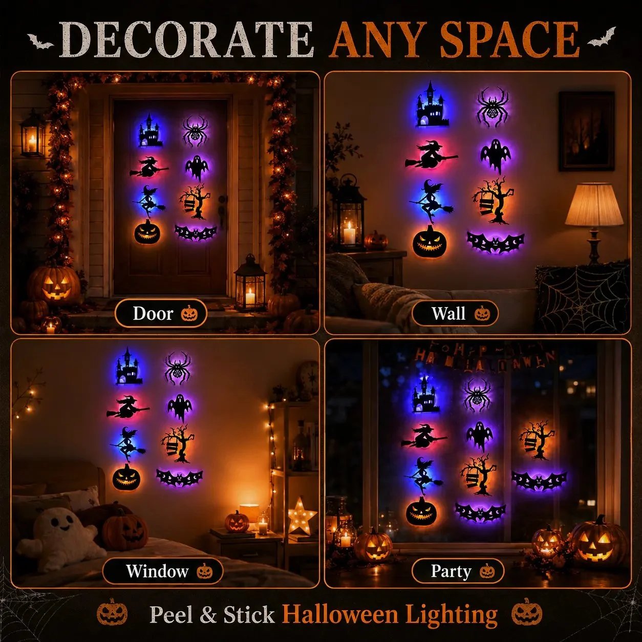 🔥50% OFF - 🎃8 Pack Halloween LED Silhouette Wall Light Stickers, Battery Powered Peel & Stick Decor Lights
